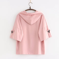 Kawaii Moon Cats Printed Short Sleeve Hooded Shirt