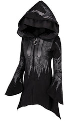 Stylish Punk Style Black Long Hooded Graphic Zipper Coat