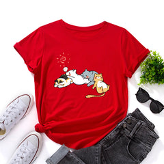 Women's Sleeping Cat Print Round Neck T-shirt