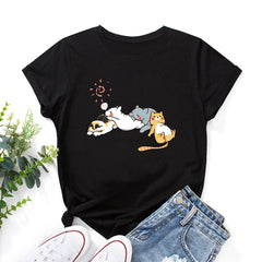 Women's Sleeping Cat Print Round Neck T-shirt