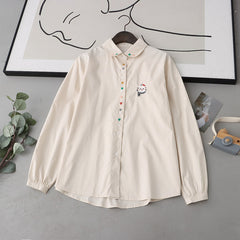 Cartoon Cat Embroidered Lapel Women's Shirt