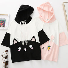 Japanese Style Cat Fish Printed Short-sleeved Hooded T-shirt