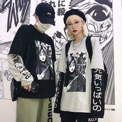 Unisex Dark Style Manga Print Fake Two Pieces Long Sleeve T-shirt