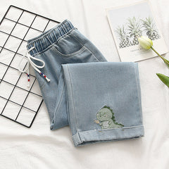 Women‘s Elastic Waist Cute Dinosaur Embroidered Jeans