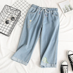 Women‘s Elastic Waist Cute Dinosaur Embroidered Jeans