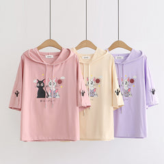 Kawaii Moon Cats Printed Short Sleeve Hooded Shirt