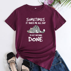 Funny Women's Cat Letter Printed Cotton T-shirt