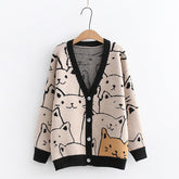 Cartoon Cat Jacquard Knit Cardigan Sweater