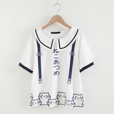 Cartoon Cats Print Fake Suspenders Short Sleeve T-shirt