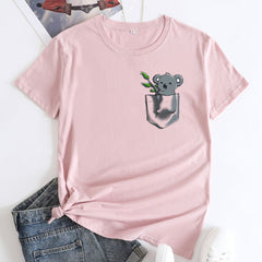 Women's Pocket Koala Cotton Short Sleeved T-shirt
