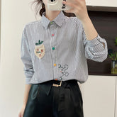 Cute Rabbit Embroidered Long Sleeve Lapel Shirt