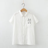 Japanese Style Fresh Women's Cat Embroidered Shirt