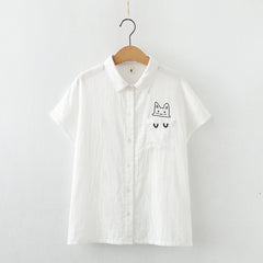 Japanese Style Fresh Women's Cat Embroidered Shirt