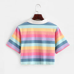 Women's Rainbow Striped Short Sleeved Polo Neck T-shirt