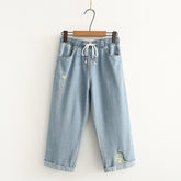 Women‘s Elastic Waist Cute Dinosaur Embroidered Jeans