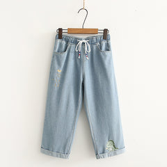Women‘s Elastic Waist Cute Dinosaur Embroidered Jeans
