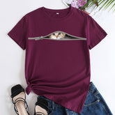 Women's Cat Print Round Neck Short Sleeved T-shirt