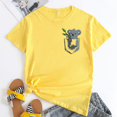Women's Pocket Koala Cotton Short Sleeved T-shirt