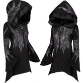 Stylish Punk Style Black Long Hooded Graphic Zipper Coat