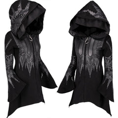 Stylish Punk Style Black Long Hooded Graphic Zipper Coat