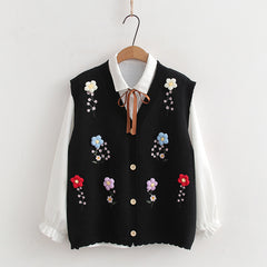 Women's Flower Knitted Vest with Shirt Two Piece Set