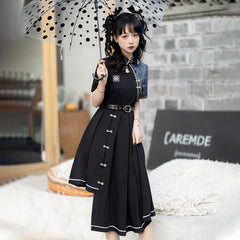 Vintage Lapel Floral Embroidery Button Splice Irregular Dress With Belt