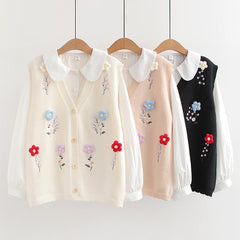 Women's Flower Knitted Vest with Shirt Two Piece Set
