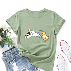 Women's Sleeping Cat Print Round Neck T-shirt