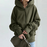 Women's Street Loose Zip Up Solid Color Hooded Coat