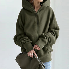 Women's Street Loose Zip Up Solid Color Hooded Coat