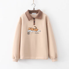 Cartoon Cat Embroidered Plush Thickened Polo Collar Sweatshirt