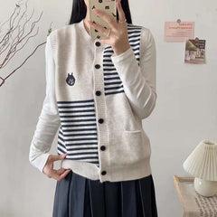 Korean Style Striped Stitching Cat Embroidered Cardigan Vest