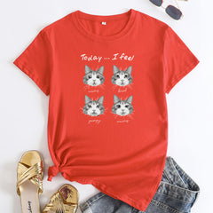 Women's Cat Mood Print Round Neck T-shirt