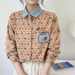 Chic Girls Floral Embroidery Loose Artistic Shirt