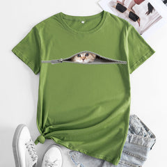 Women's Cat Print Round Neck Short Sleeved T-shirt