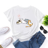 Women's Sleeping Cat Print Round Neck T-shirt