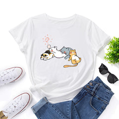 Women's Sleeping Cat Print Round Neck T-shirt