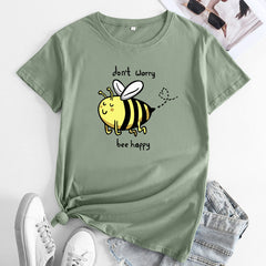 Women's Cartoon Bee Happy Print Large Size Tee