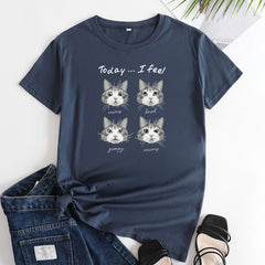 Women's Cat Mood Print Round Neck T-shirt