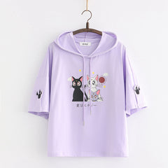 Kawaii Moon Cats Printed Short Sleeve Hooded Shirt