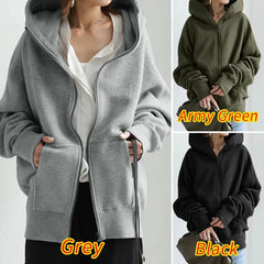 Women's Street Loose Zip Up Solid Color Hooded Coat