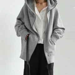 Women's Street Loose Zip Up Solid Color Hooded Coat