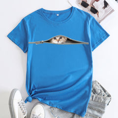 Women's Cat Print Round Neck Short Sleeved T-shirt