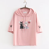 Kawaii Moon Cats Printed Short Sleeve Hooded Shirt