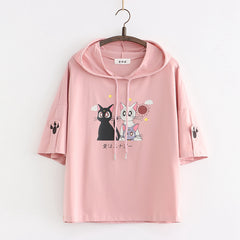 Kawaii Moon Cats Printed Short Sleeve Hooded Shirt
