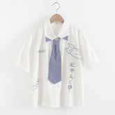 Kawaii Polo Tie Cat Embroidered Short Sleeve White Shirt