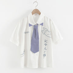 Kawaii Polo Tie Cat Embroidered Short Sleeve White Shirt