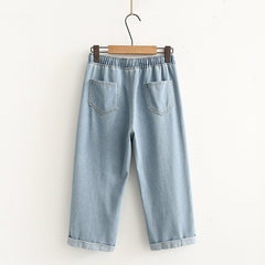 Women‘s Elastic Waist Cute Dinosaur Embroidered Jeans