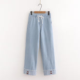 Kawaii Rabbit Embroidery Plush Thickened Wide Leg Jeans