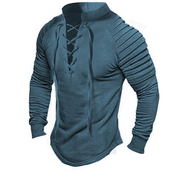 Men's Retro Lace-up Pullover Pleated Sleeve Solid Color Shirt